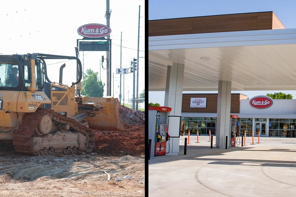Kum & Go has demolished an old store on Division Street, left, and it’s opening a new location on Battlefield Road.